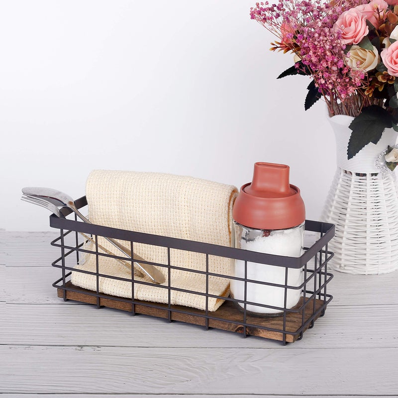 TIEYIPIN Small Metal Wire Storage Basket, Detachable Wood Base Storage Organizer Bin Basket for Kitchen Cabinets, Bathroom, Pantry, Garage, Laundry Room - Brown - Image 2